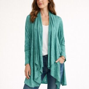 Gilda Midani Cardigan Women Medium Teal Cotton Slub Duster Lagenlook Open Front